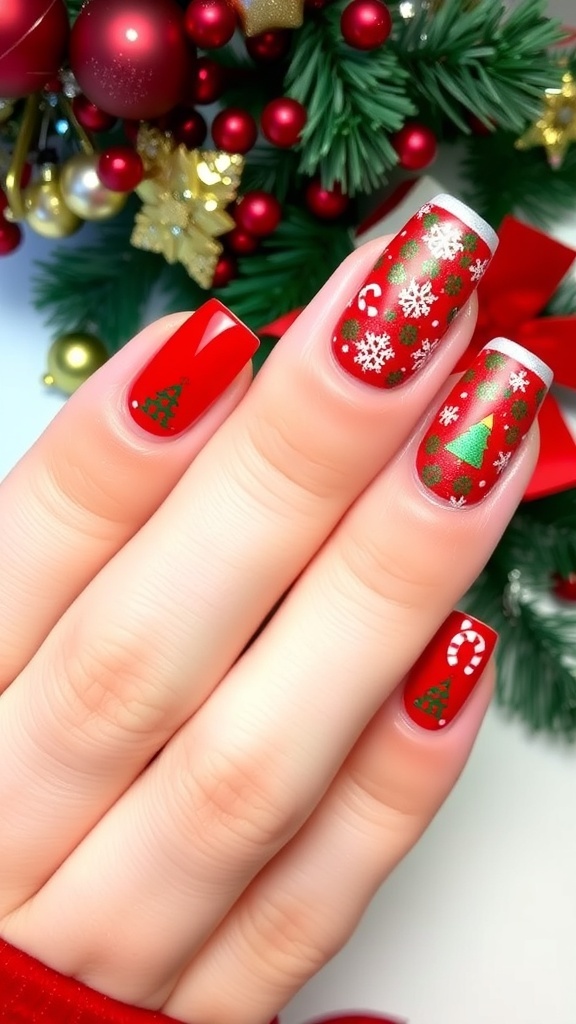 Christmas nail art with red and green colors, snowflakes, and Christmas trees.